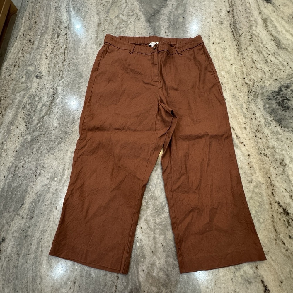 J. Jill Women's 16P Brown Linen Stretch Capri Beach Pants High Rise Resort Relax